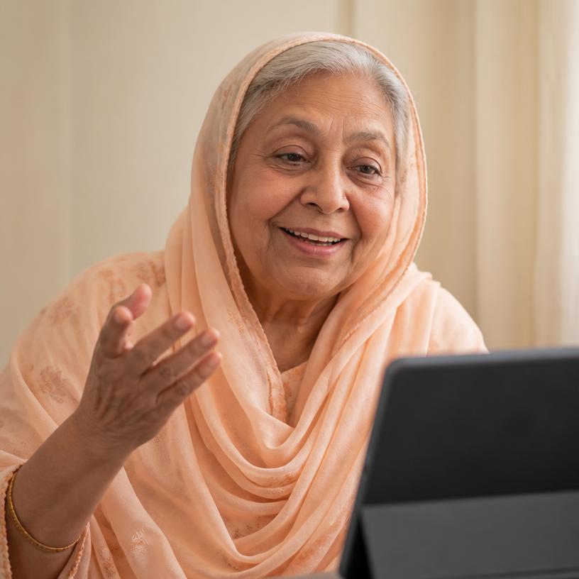 An older South Asian Muslim woman in a headscarf speaking to a tablet