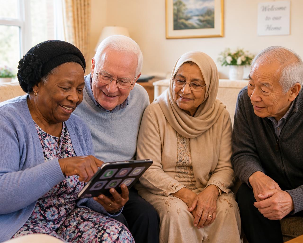 Black African, white, South Asian Muslim and East Asian older people sharing a tablet with large, simple buttons